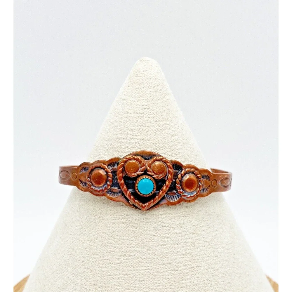 Vintage Bell Trading Post Copper Turquoise Child Cuff Bracelet Heart Southwest